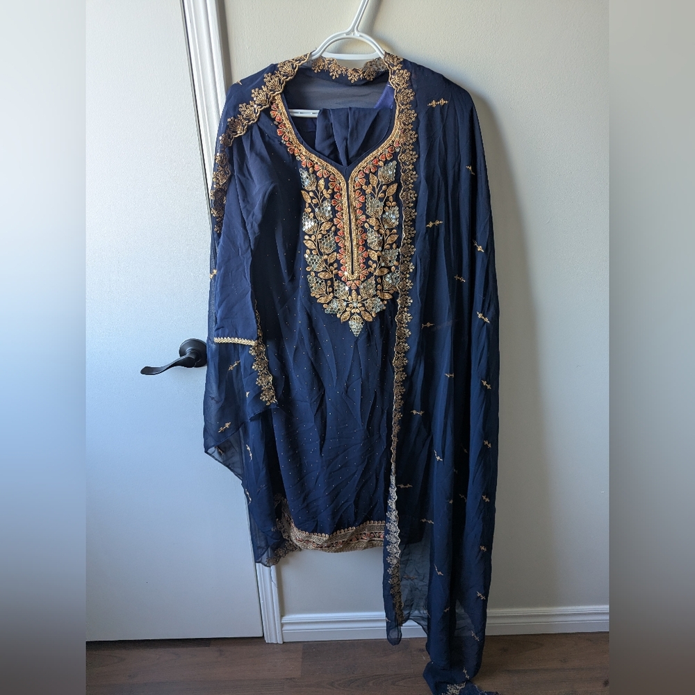 3 Piece Beautiful Embroidered Navy Blue Traditional Dress